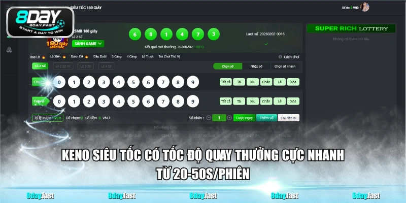 Keno siêu tốc có tốc độ quay thưởng cực nhanh từ 20-50s/phiên